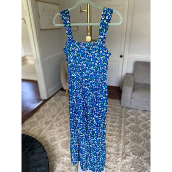 LOFT Blue Floral Smocked Maxi Dress Cottagecore Romantic Garden XS Wedding Party - Picture 2 of 8